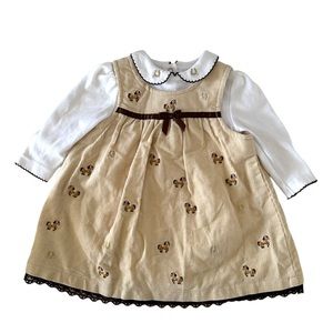 Youngland Beige and White Horse Embroidered Corduroy Dress
